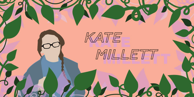 person with glasses, their name next to them (Kate Millett) and with vines and leaves framing the photo