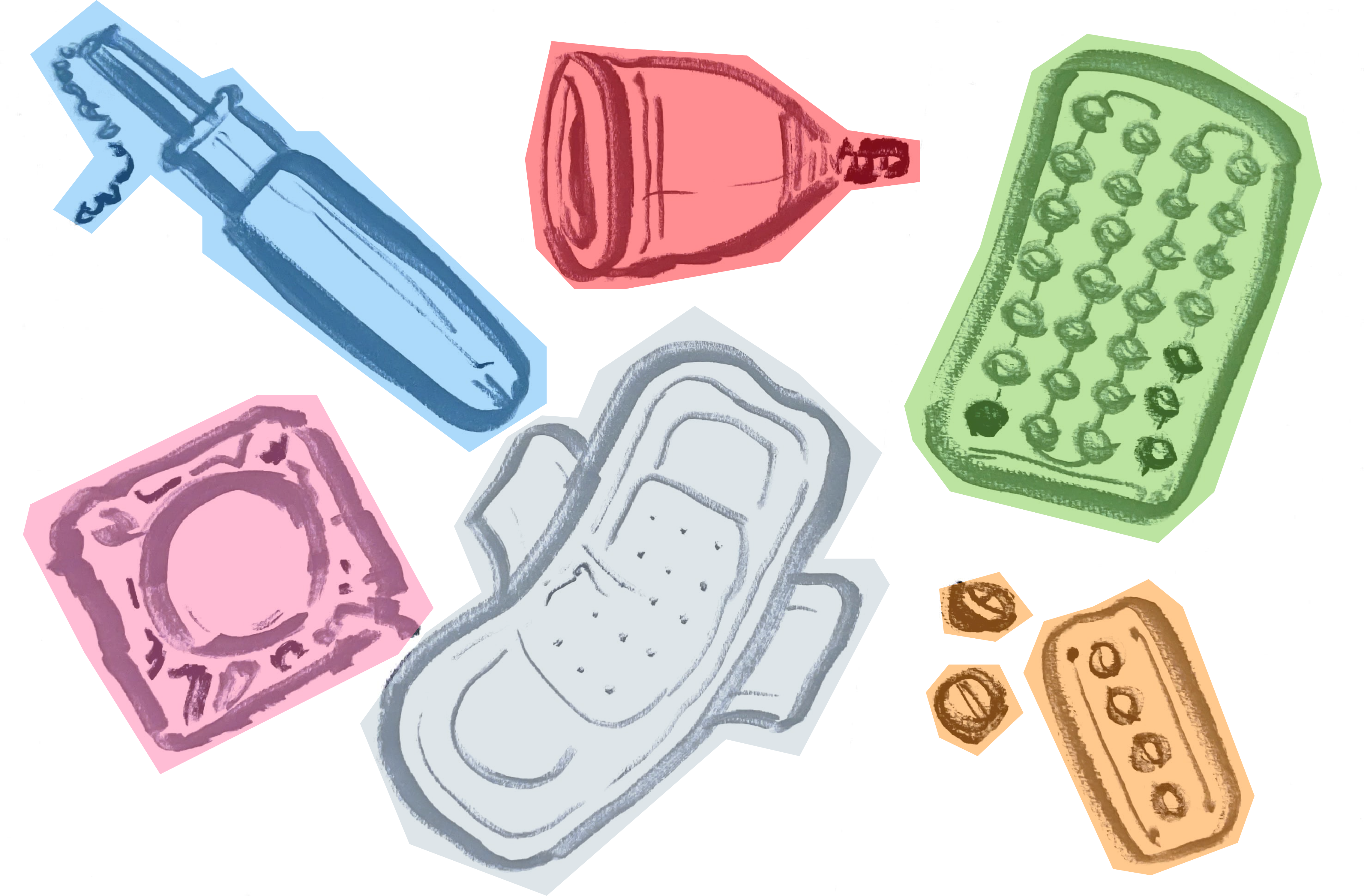 An illustration of multi-colored menstrual and birth control products