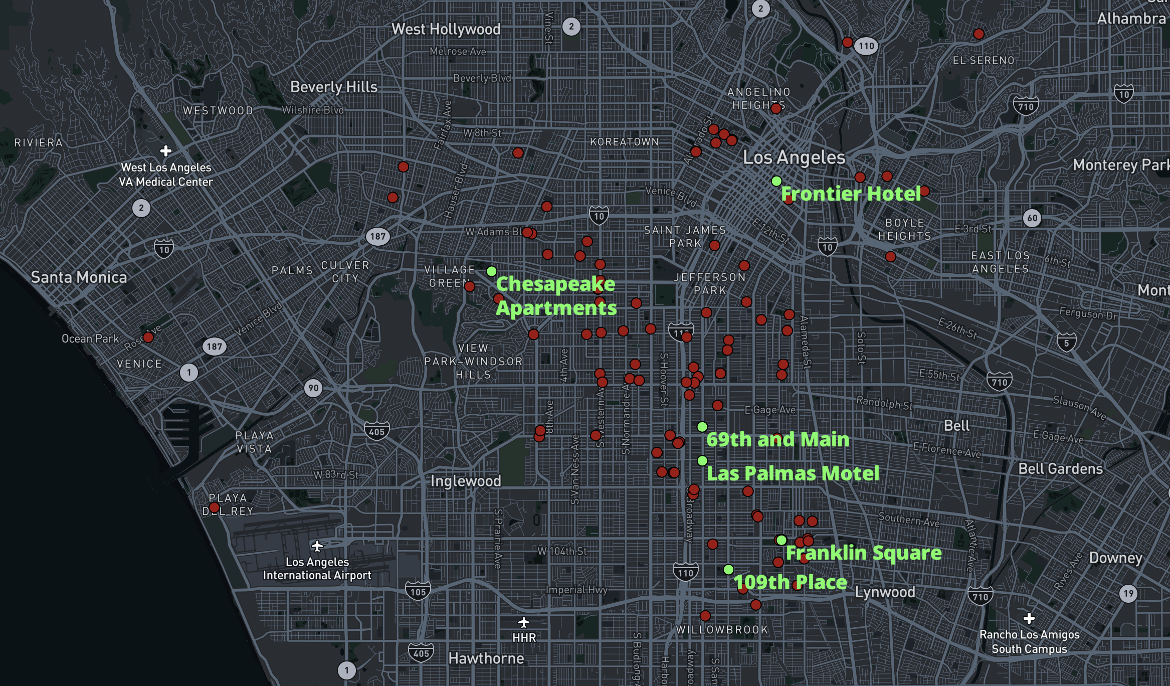 This image from the Anti-Eviction Mapping Project website is a map of Los Angeles City in gray. The map contains over 100 small red dots across the city, and they are largely concentrated in the central and southeast regions of the city. There are six bright green dots labeled with the names of the buildings they represent: “Chesapeake Apartments,” “Frontier Hotel,” “69th and Main,” “Los Palmas Hotel,” “Franklin Square,” and “109th Place.” The properties in green are also in the central and southeast regions of the city.