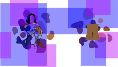 On the left, a faceless person sits with their legs crossed, hair noticeably covering their forearms and legs. On the right is a closeup of a hairy human torso. Behind both images are overlapping blue and purple rectangles.