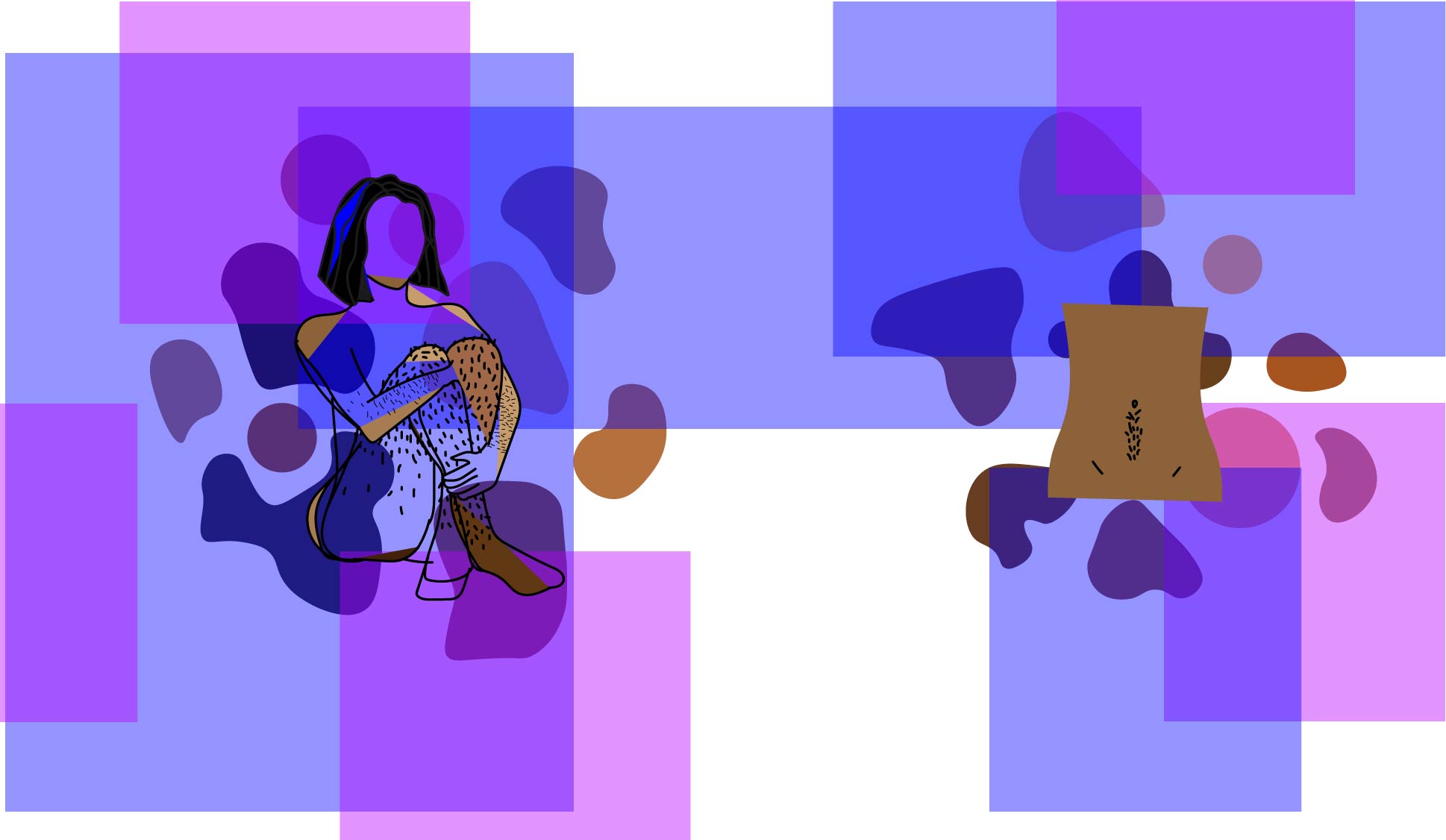 On the left, a faceless person sits with their legs crossed, hair noticeably covering their forearms and legs. On the right is a closeup of a hairy human torso. Behind both images are overlapping blue and purple rectangles.