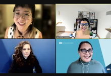 Image Description: Four individuals are featured on a zoom call. They are smiling. The individual in the upper right hand corner is highlighted, with her name and pronouns ("Sami Schalk (she/her)") listed in the corner of her screen.