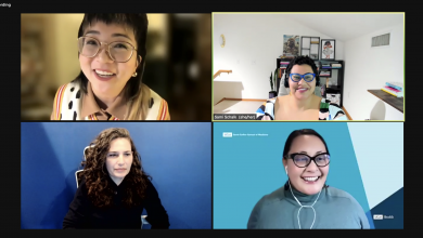 Image Description: Four individuals are featured on a zoom call. They are smiling. The individual in the upper right hand corner is highlighted, with her name and pronouns ("Sami Schalk (she/her)") listed in the corner of her screen.