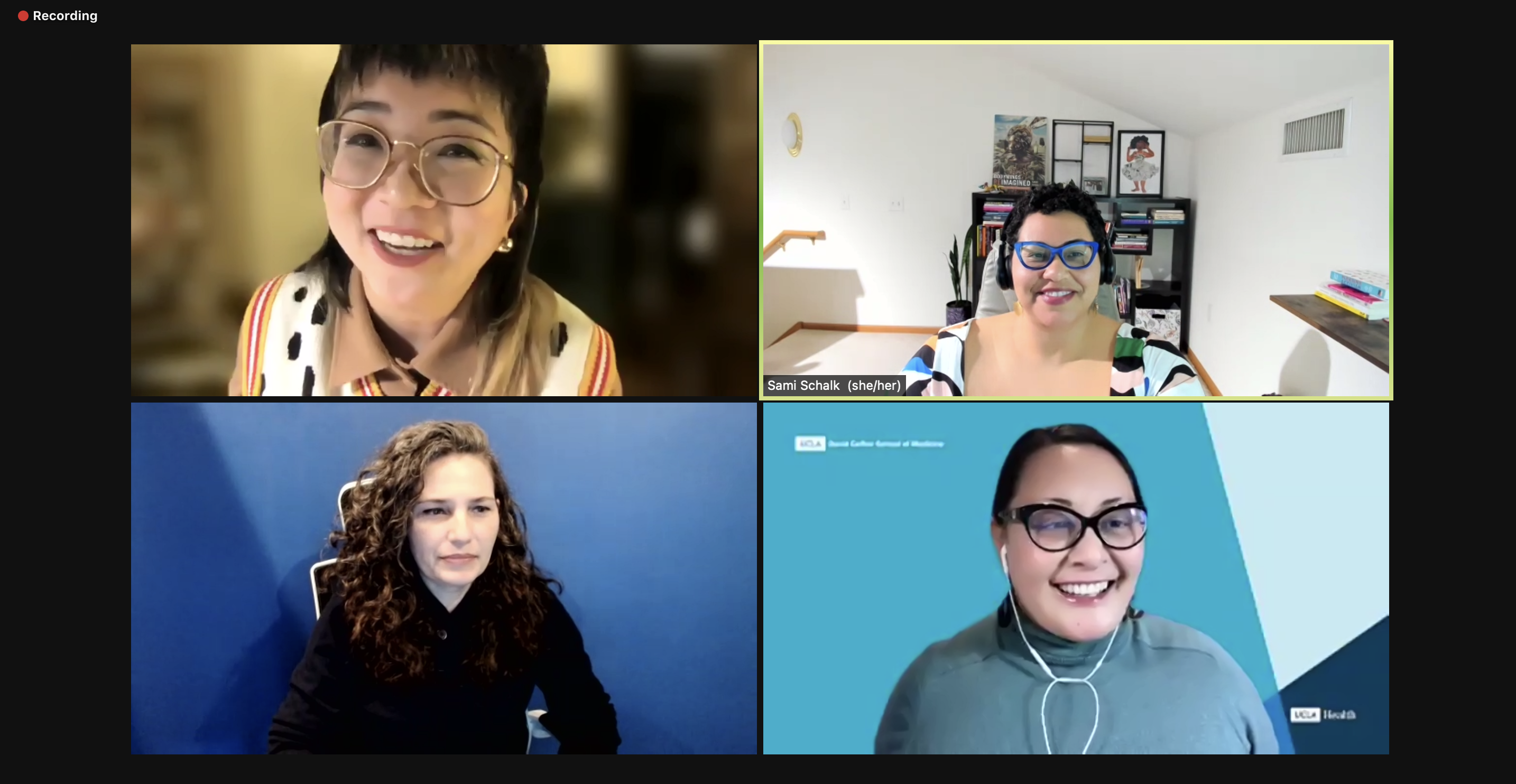 Image Description: Four individuals are featured on a zoom call. They are smiling. The individual in the upper right hand corner is highlighted, with her name and pronouns ("Sami Schalk (she/her)") listed in the corner of her screen.