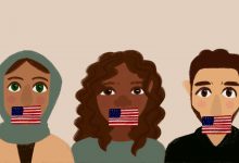 Three West Asian people standing in front of a beige background with United States flags covering their mouths.