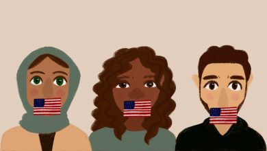 Three West Asian people standing in front of a beige background with United States flags covering their mouths.