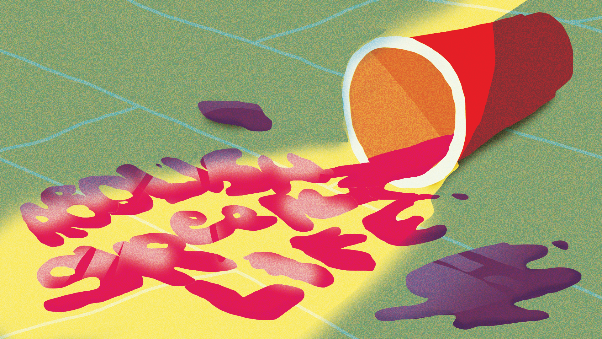 Image Description: Illustration of a red Solo cup tipped over on a yellow tiled floor. Liquid spilling from the cup forms the words “Abolish Greek Life.” Design by Lauren Cramer