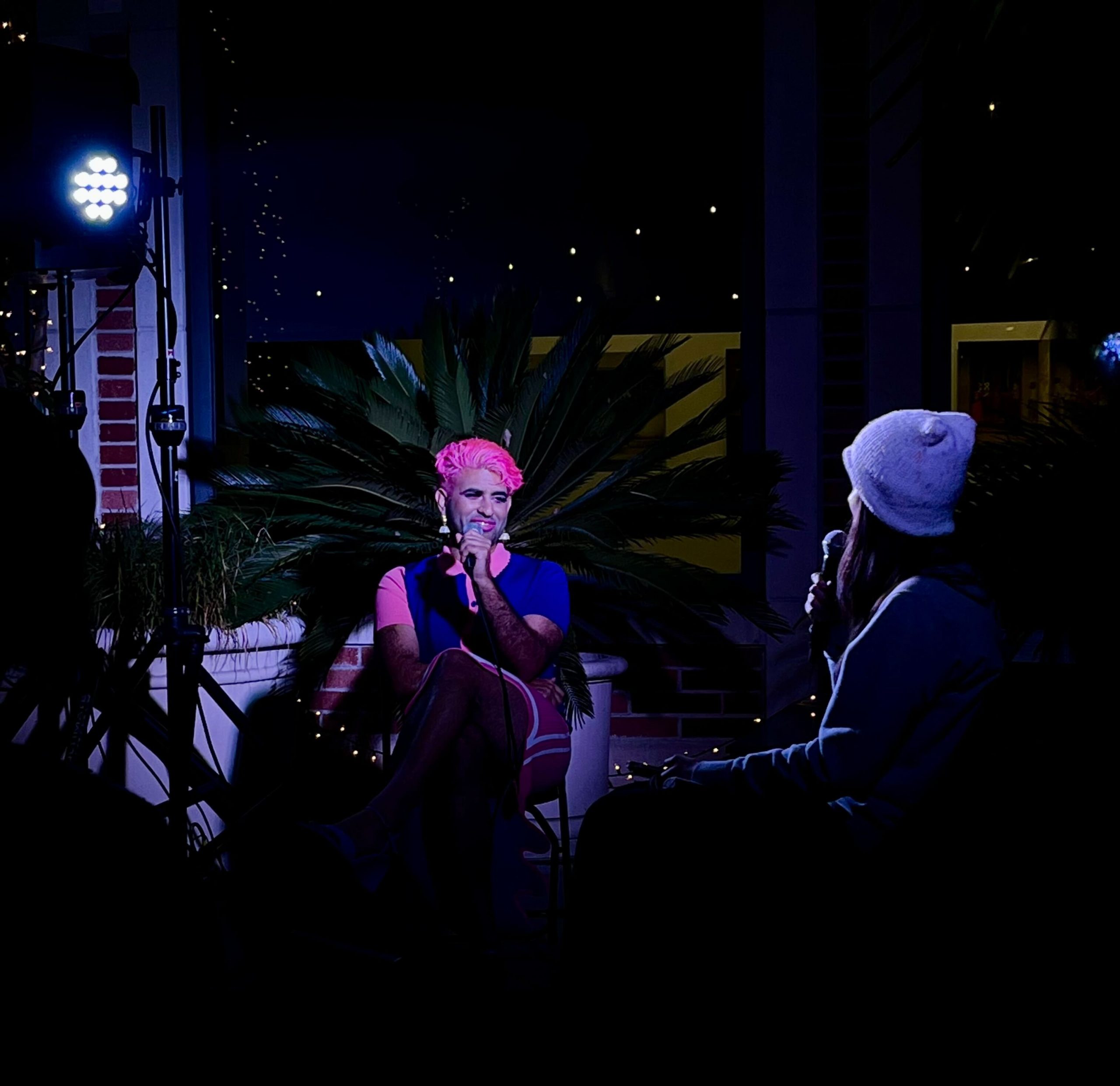 ALOK, an individual with pink hair wearing a pink and blue dress, sit in front of a plant. They are smiling and holding a microphone. They are looking towards another person, who is shown from behind, holding a microphone and wearing a beanie.