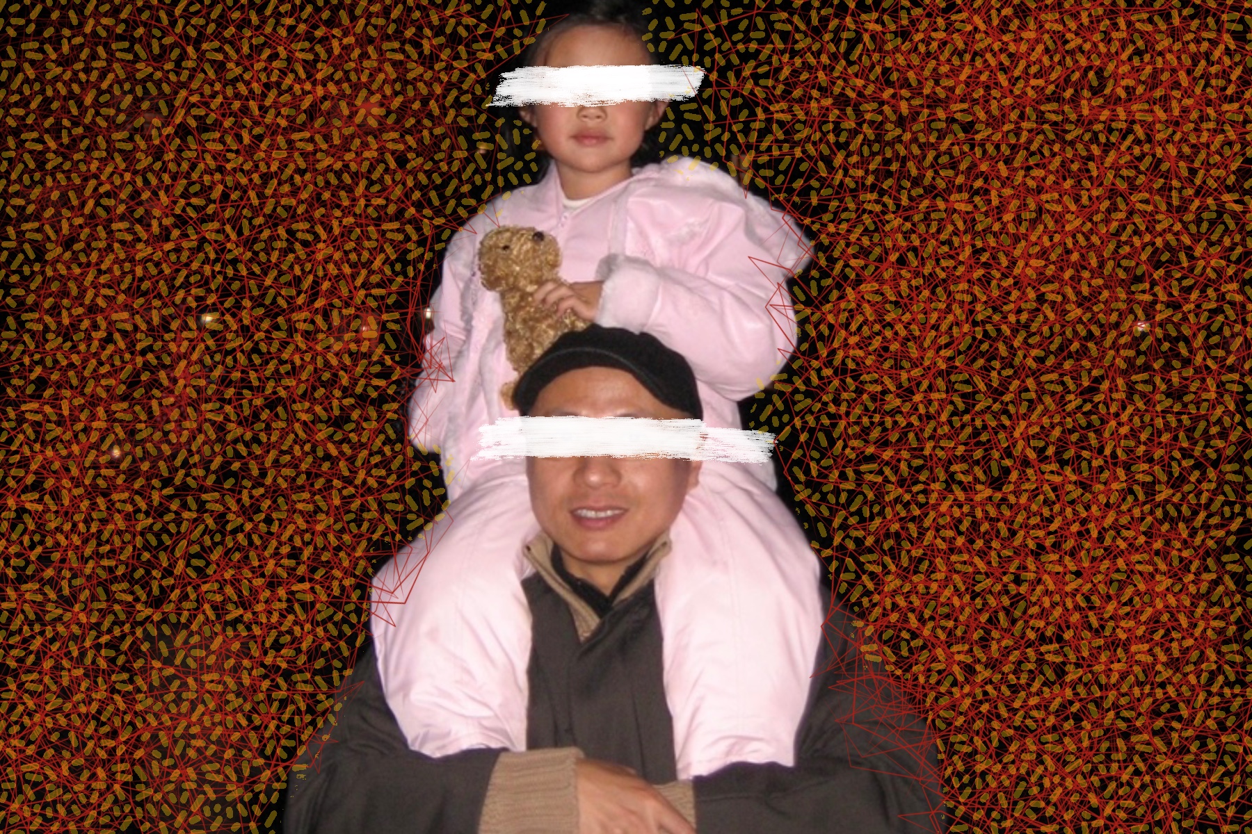 At the center of the image, a young Asian girl holding a teddy bear sits atop a man’s shoulders  — their eyes are blocked out with white paint strokes. The background is made up of opaque yellow docs and overlapping red geometric shapes.