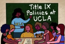 Students in front of a chalkboard reading "Title IX Policies at UCLA"