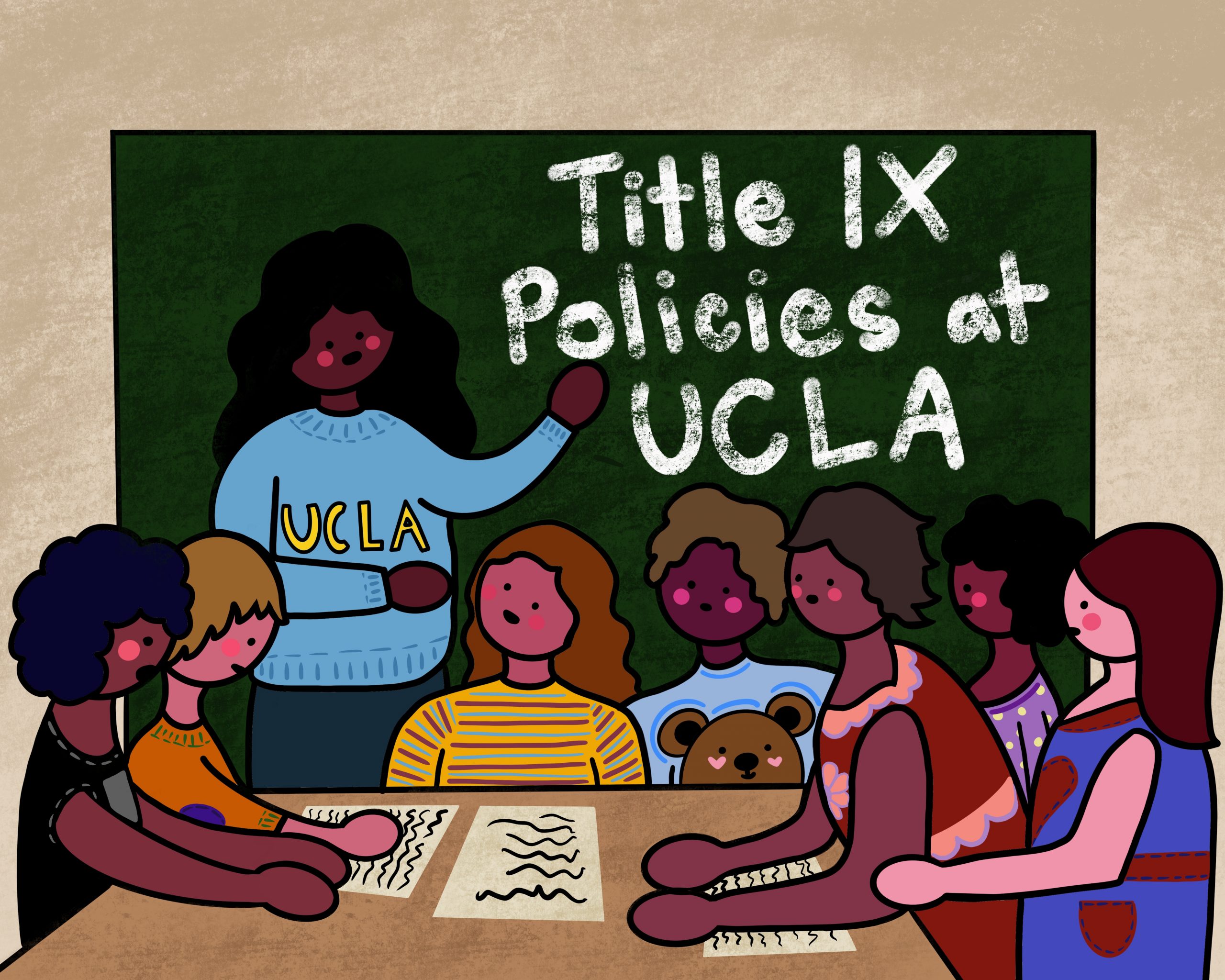 Students in front of a chalkboard reading "Title IX Policies at UCLA"