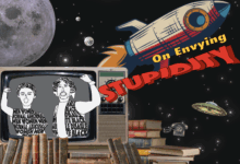 Design by Arvin Ji Image Description: An outer space background with a tv on the right that has drawings of the characters Bill and Ted from the movie “Bill & Ted’s Excellent Adventure” with the words “men, women, disable, normal, abnormal, black, white, whimsy, and stupidity" written on their shirts and hair.